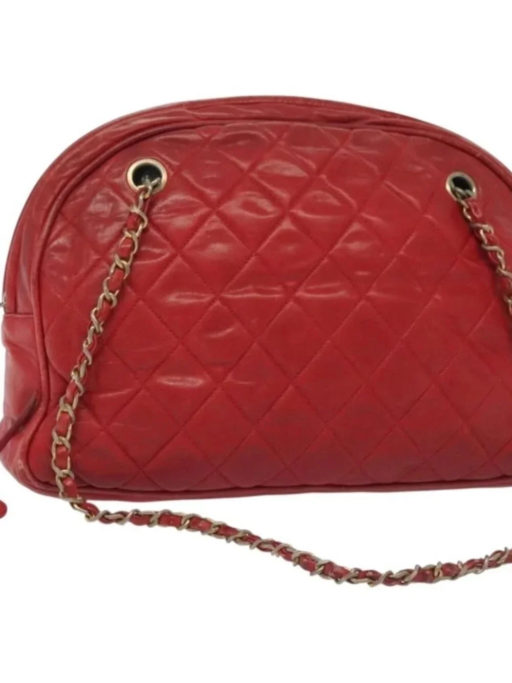 CHANEL Matelasse Chain Shoulder Bag Lamb Skin Red Gold CC Auth bs29076